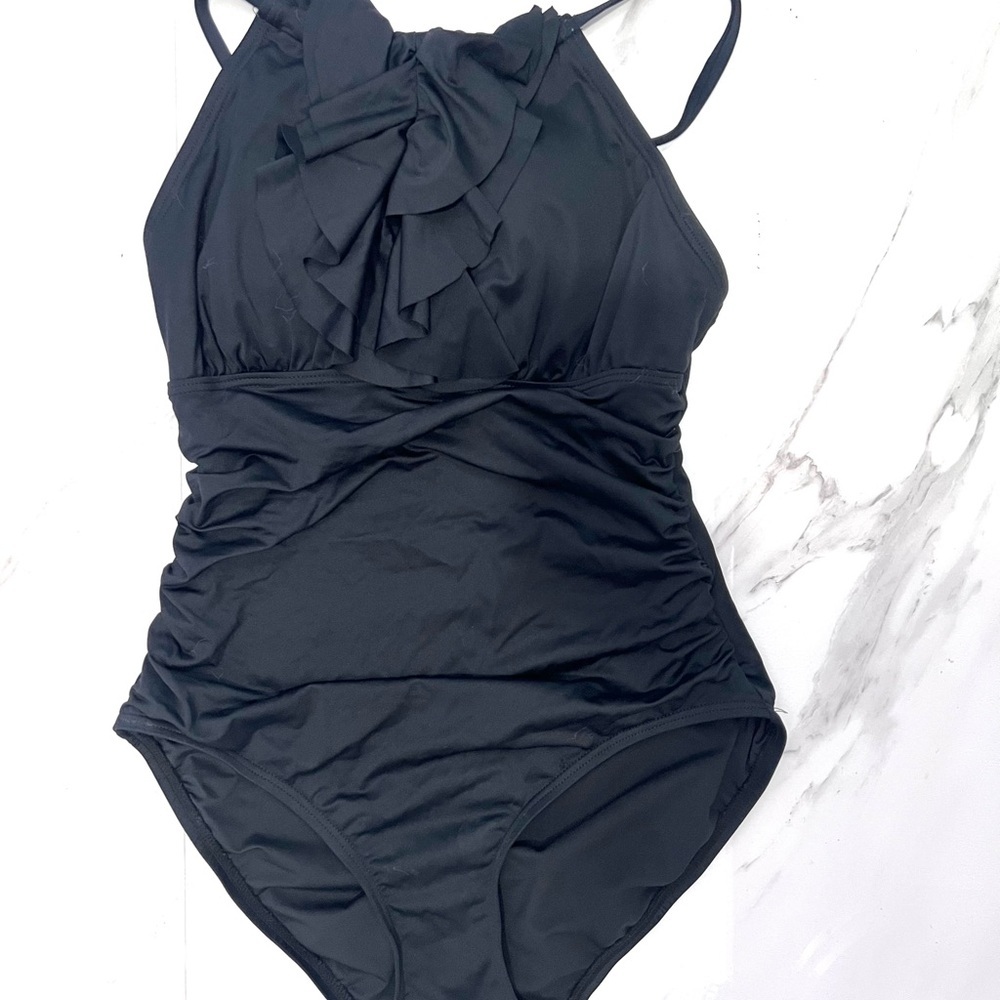 DKNY Black Classic One Piece halter swimsuit ruffle front‎ detail 6 - Picture 2 of 9
